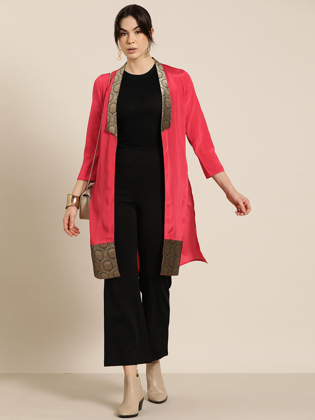 Red Crepe Silk Brocade Collar Shrug
