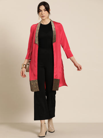 Red Crepe Silk Brocade Collar Shrug
