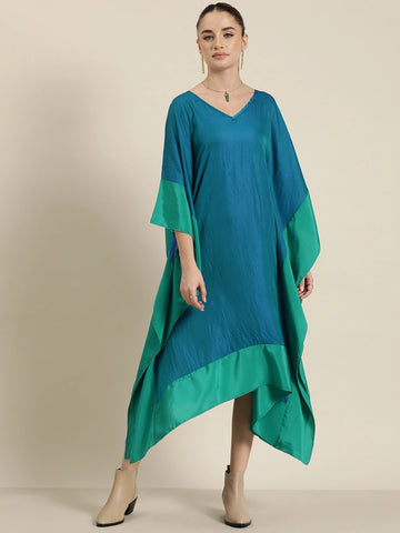 Teal silk V-neck long kaftan with contrast green border