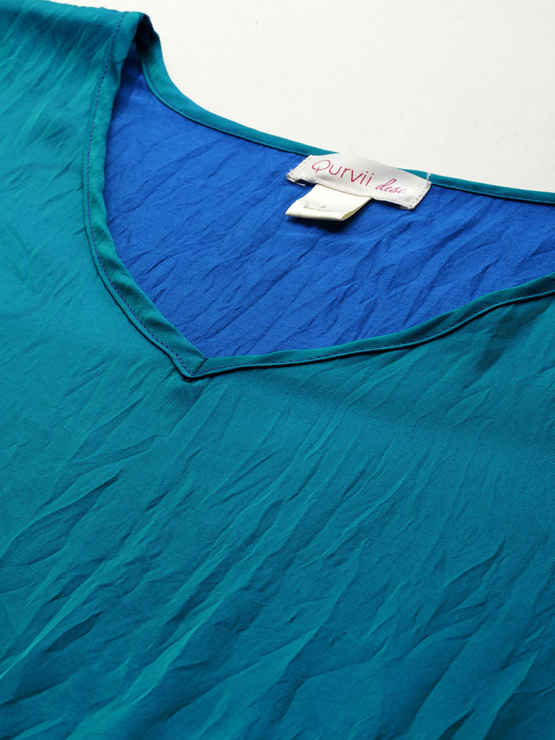 Teal silk V-neck long kaftan with contrast green border