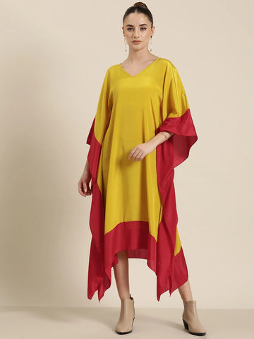 Yellow silk V-neck long kaftan with contrast red border