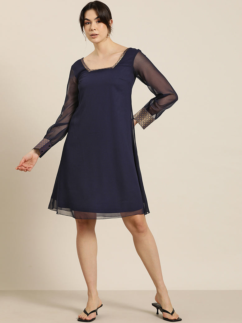 Navy georgette & brocade embelished party dress