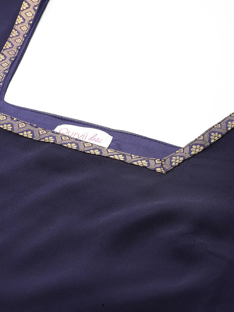 Navy georgette & brocade embelished party dress