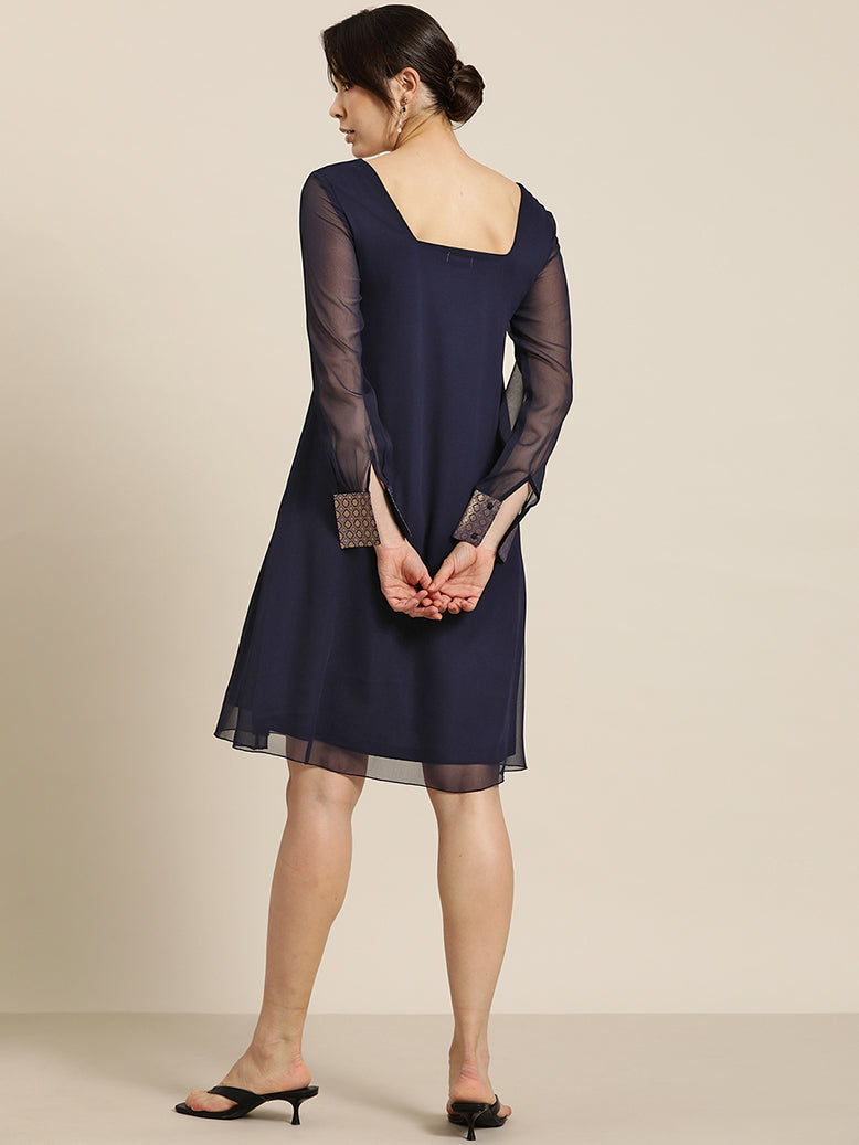 Navy georgette & brocade embelished party dress