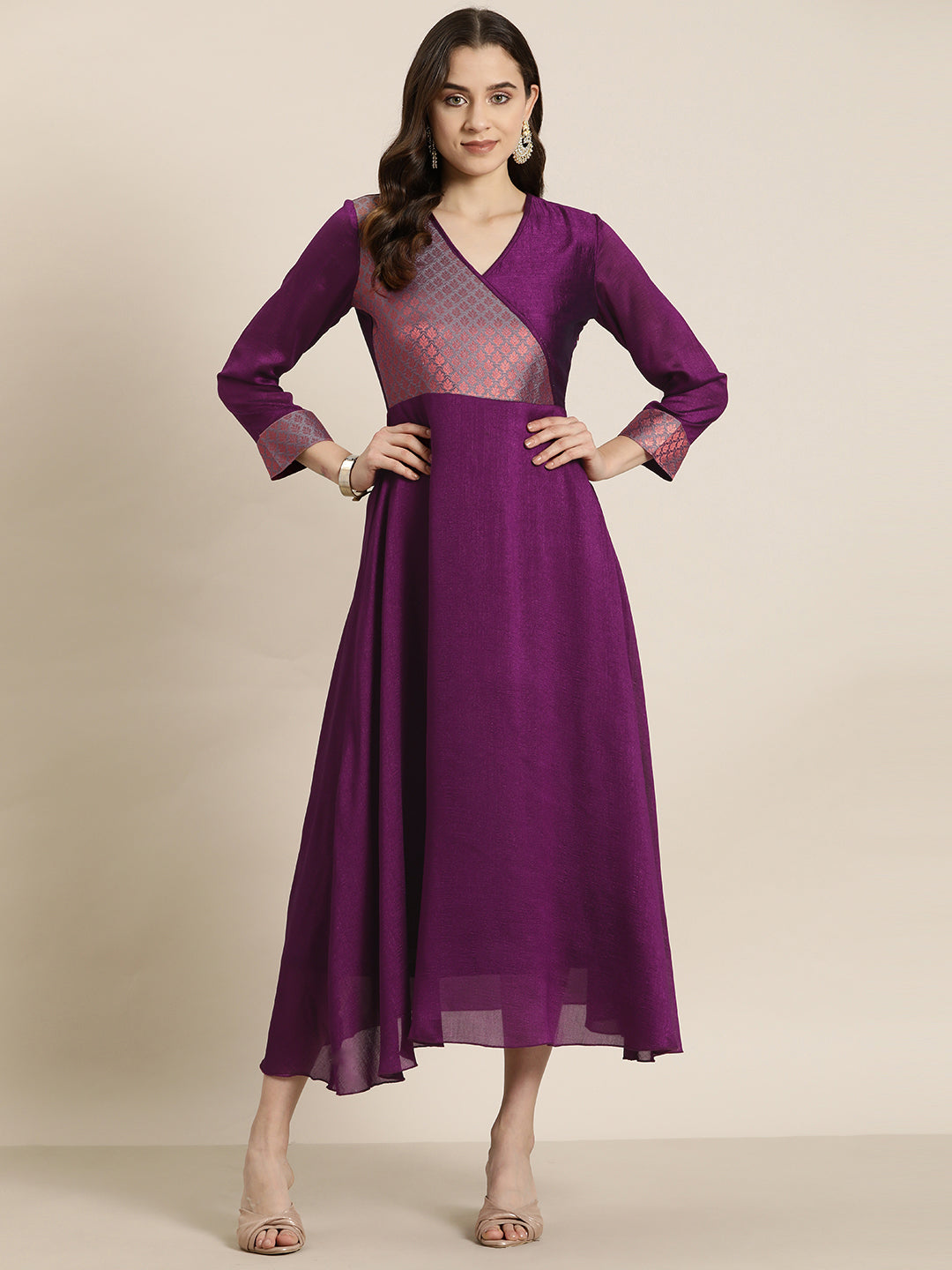 Burgundy Silk with Brocade yoke Party Dress