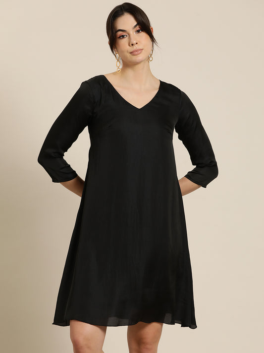 Black silk A-line party dress