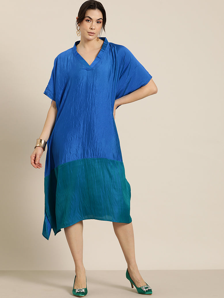 Royal Blue & Green colorblock silk Kimono oversize dress