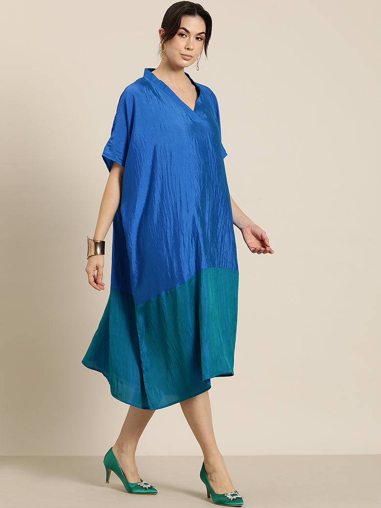 Royal Blue & Green colorblock silk Kimono oversize dress