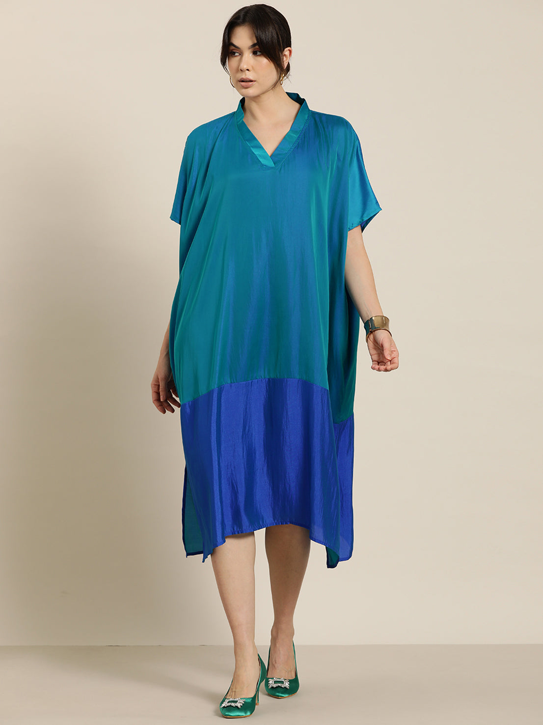 Green & Royal Blue colorblock silk Kimono oversize dress