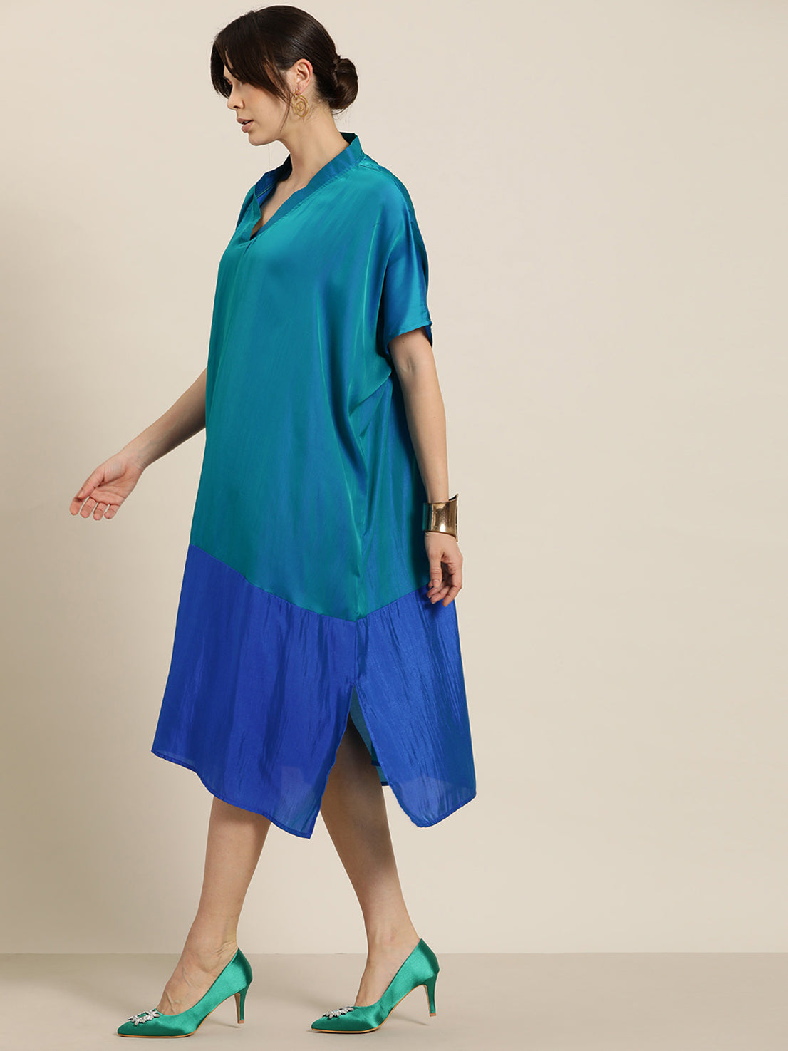 Green & Royal Blue colorblock silk Kimono oversize dress