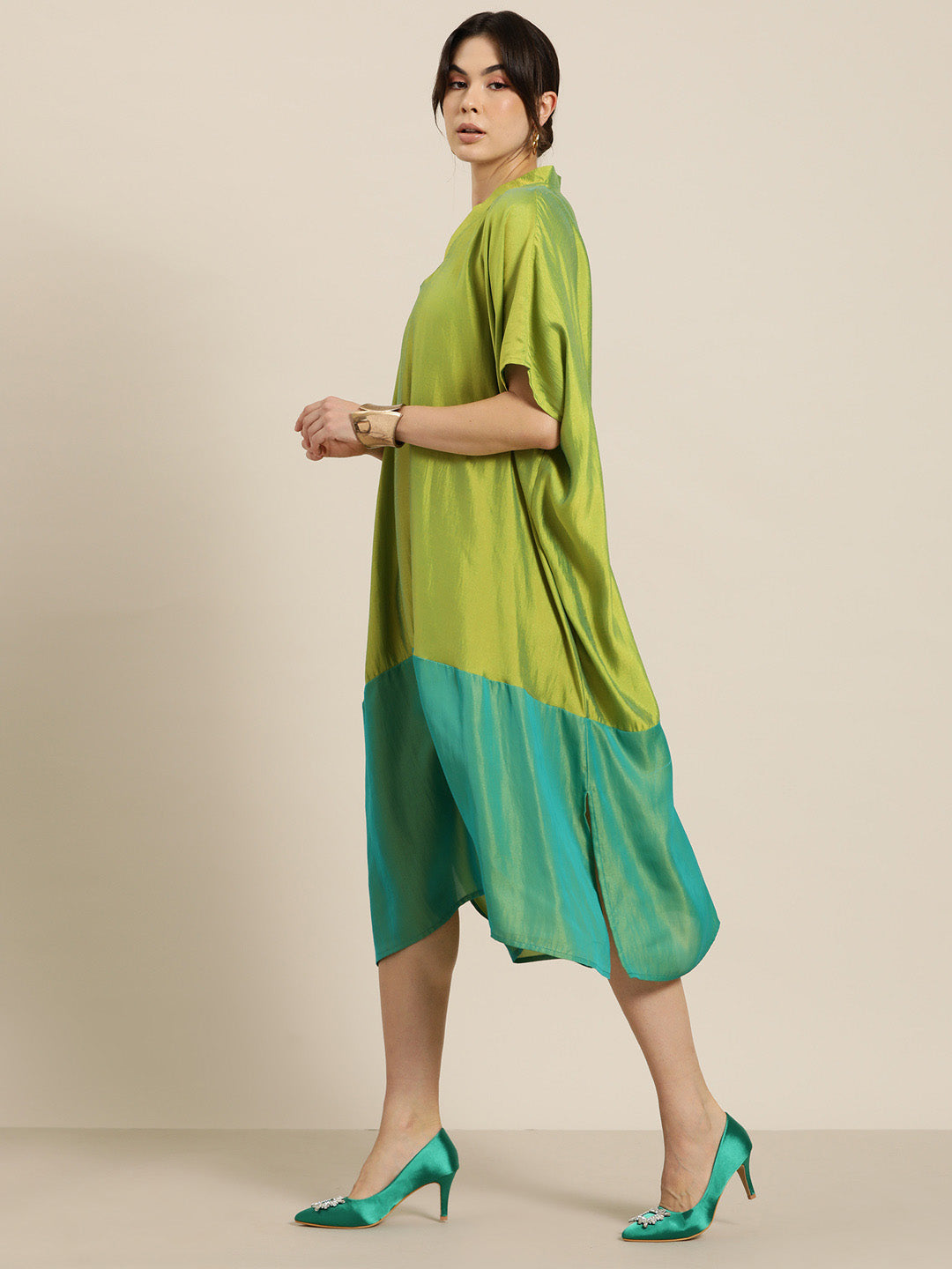 Lime green & turquoise colorblock silk Kimono oversize dress