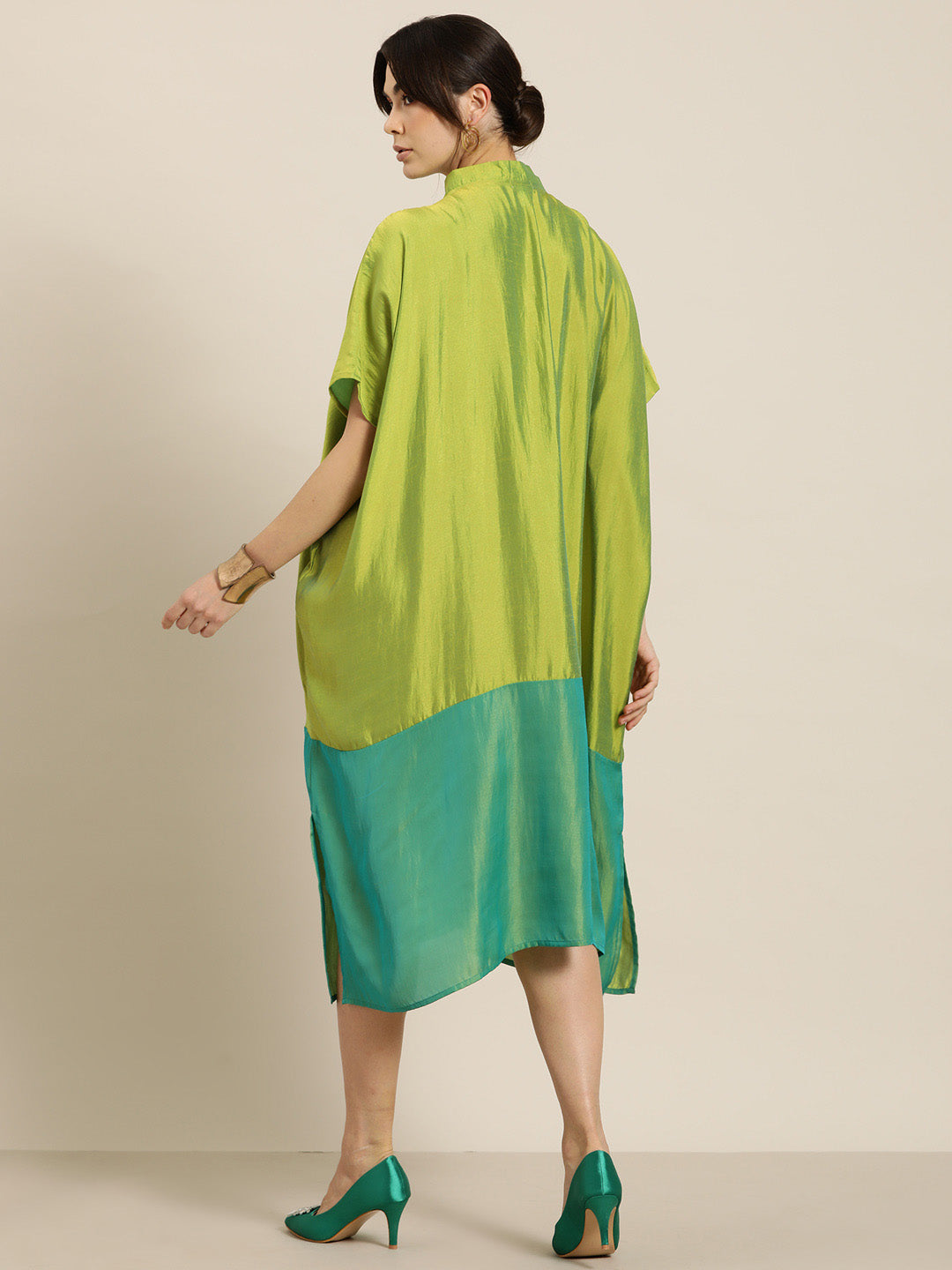 Lime green & turquoise colorblock silk Kimono oversize dress