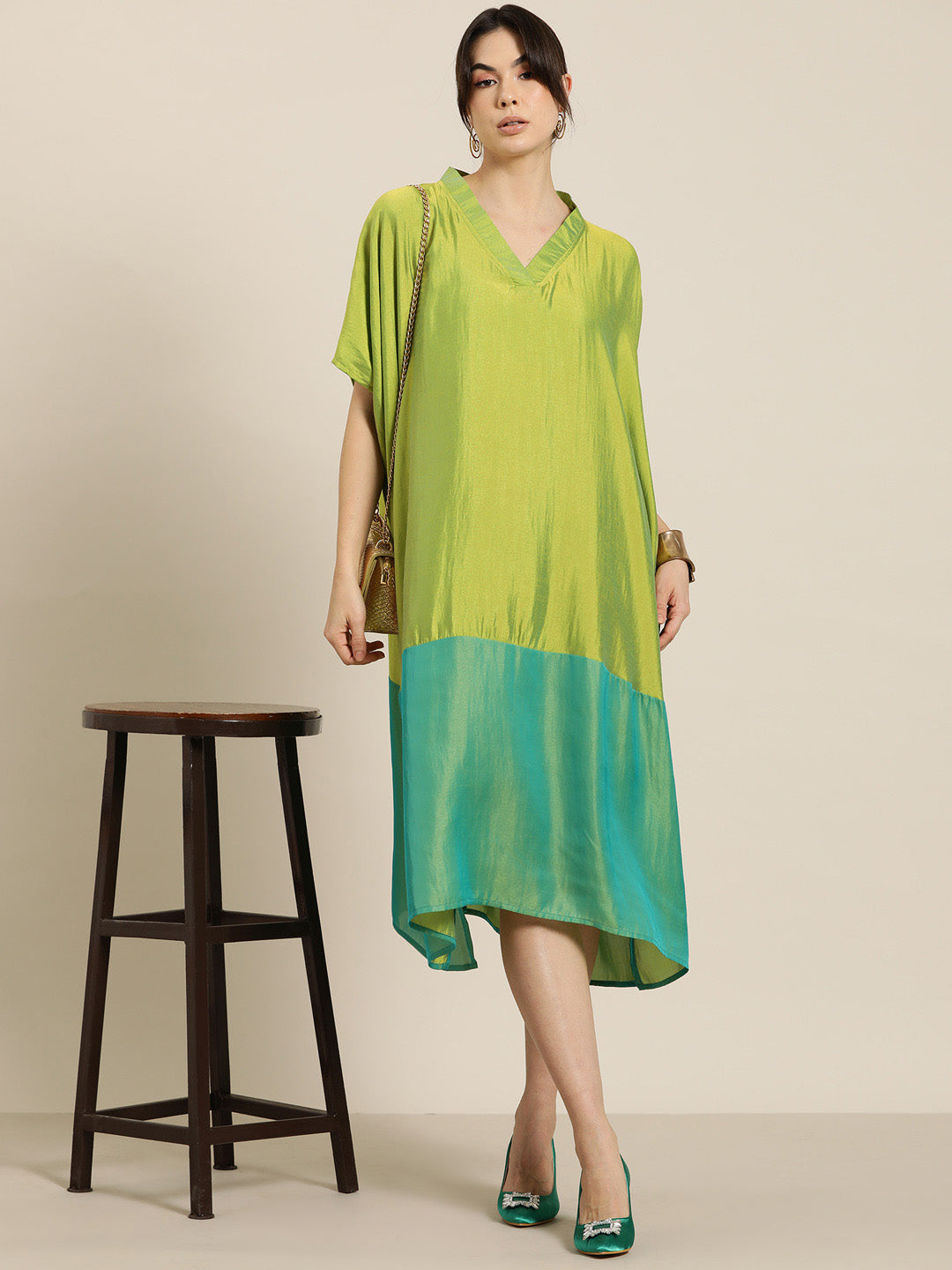 Lime green & turquoise colorblock silk Kimono oversize dress