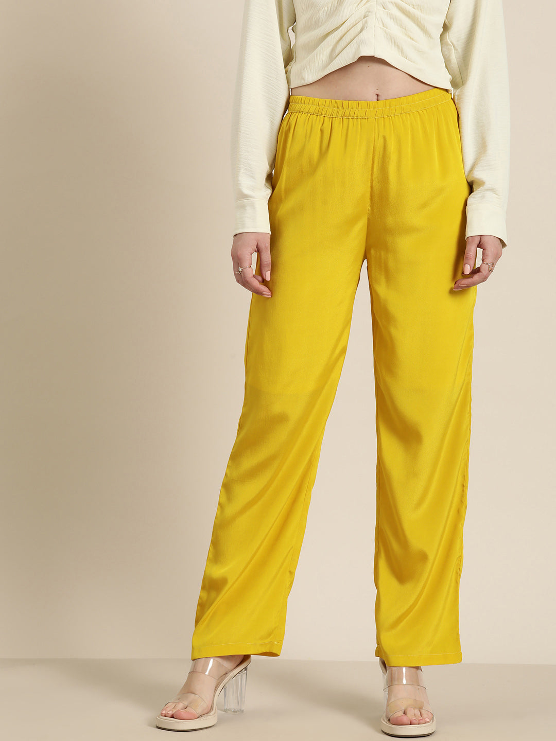 Yellow solid silk crepe pants