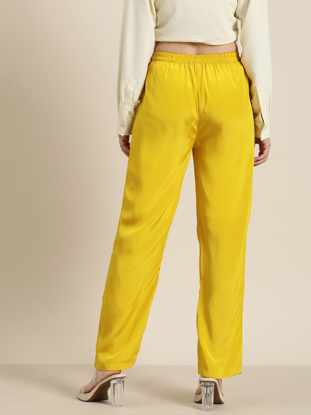 Yellow solid silk crepe pants