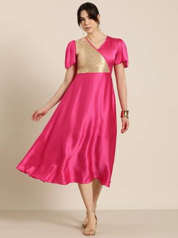 Hot pink brocade yoke party dress