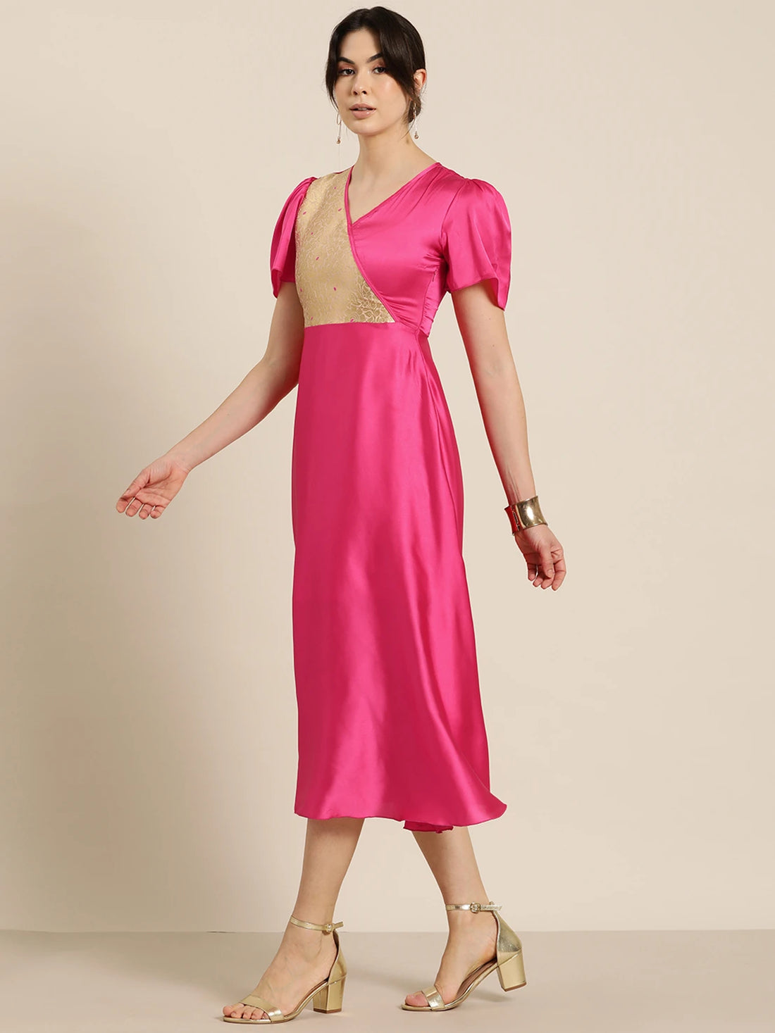 Hot pink brocade yoke party dress