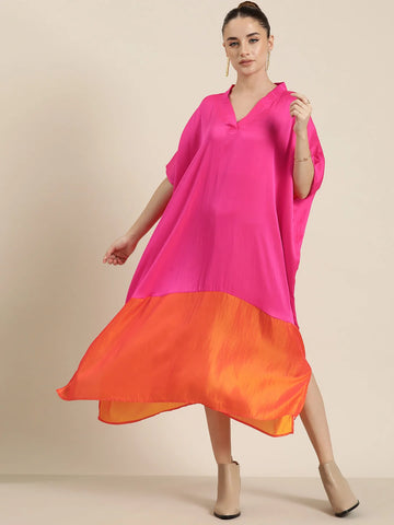 Fuchia pink & orange silk colorblock Kimono dress