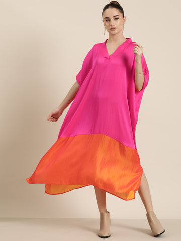 Fuchia pink & orange silk colorblock Kimono dress
