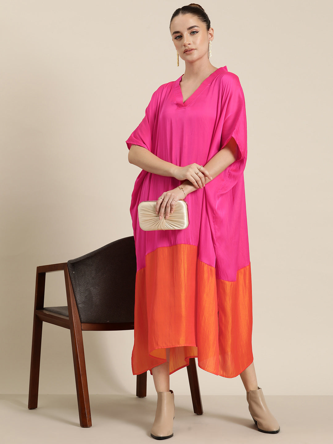 Fuchia pink & orange silk colorblock Kimono dress
