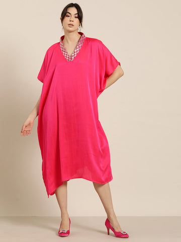 Fuchia pink silk Kimono dress with brocade