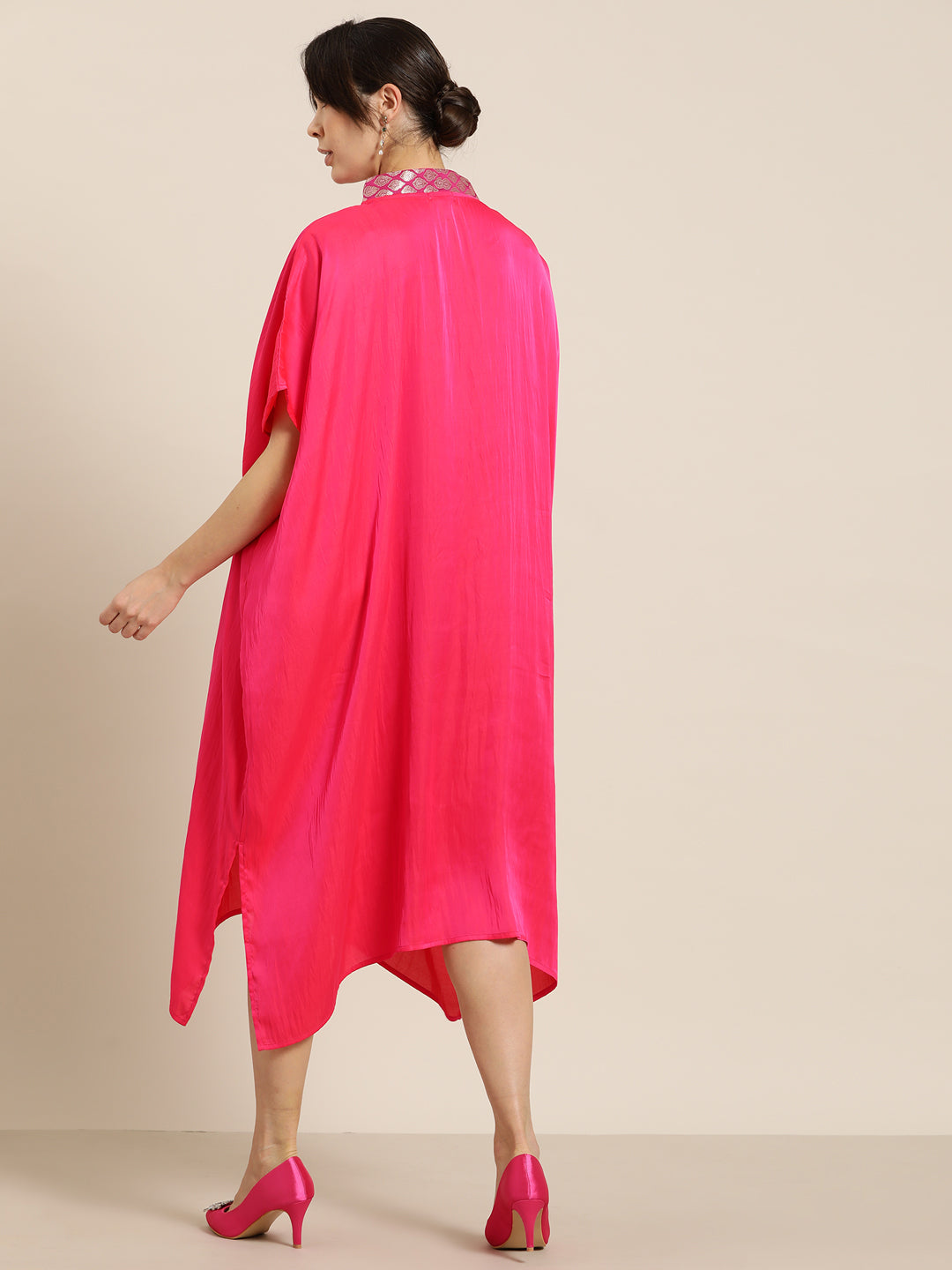 Fuchia pink silk Kimono dress with brocade