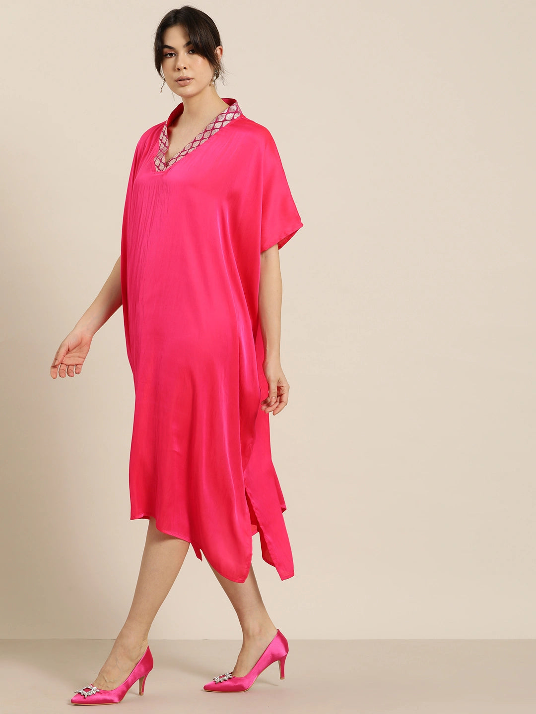 Fuchia pink silk Kimono dress with brocade