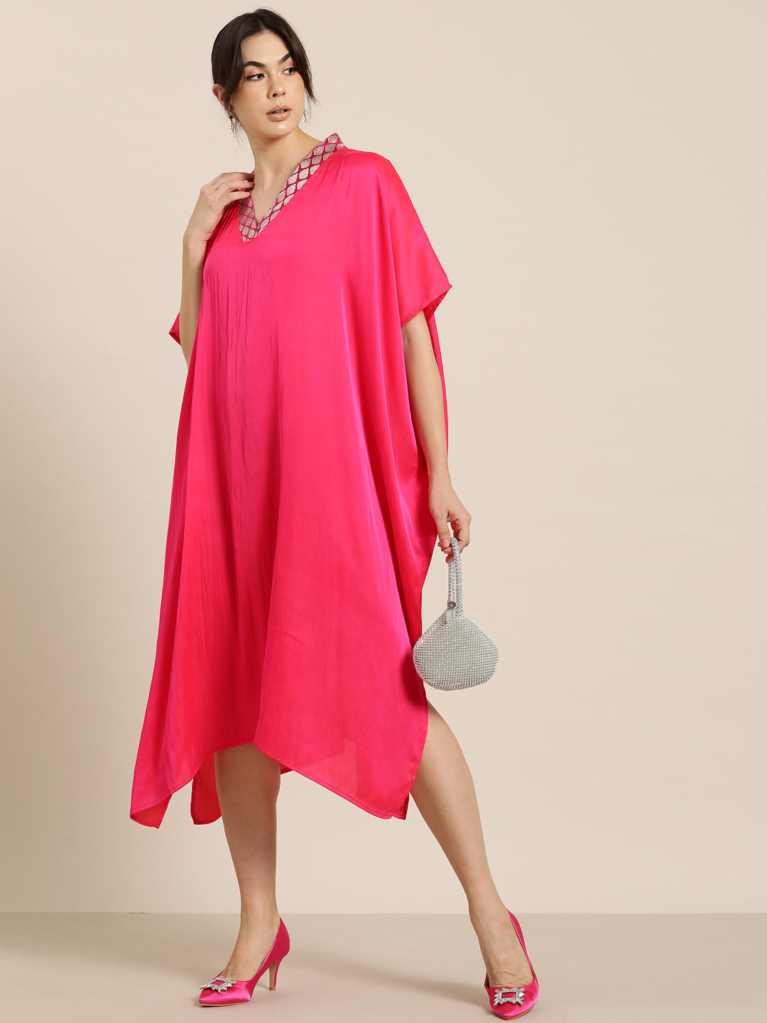 Fuchia pink silk Kimono dress with brocade