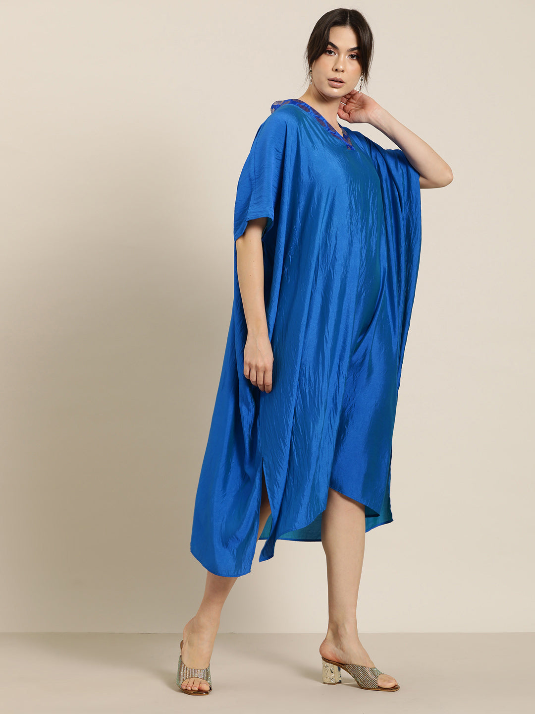 Royal Blue silk Kimono dress with brocade