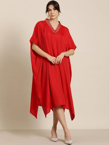 Red silk Kimono dress with brocade