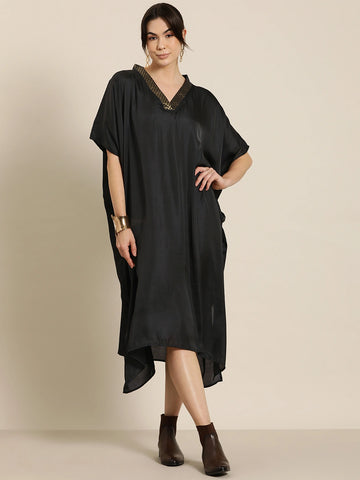Black silk Kimono dress with brocade
