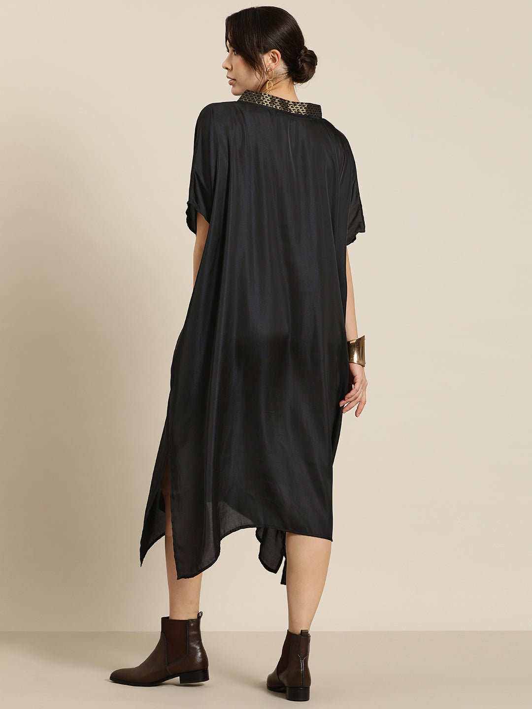 Black silk Kimono dress with brocade