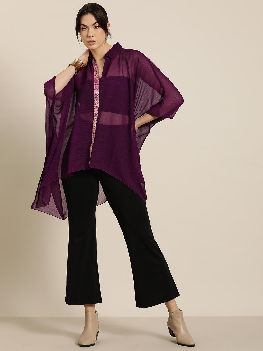 Purple georgette kaftan shirt with brocade