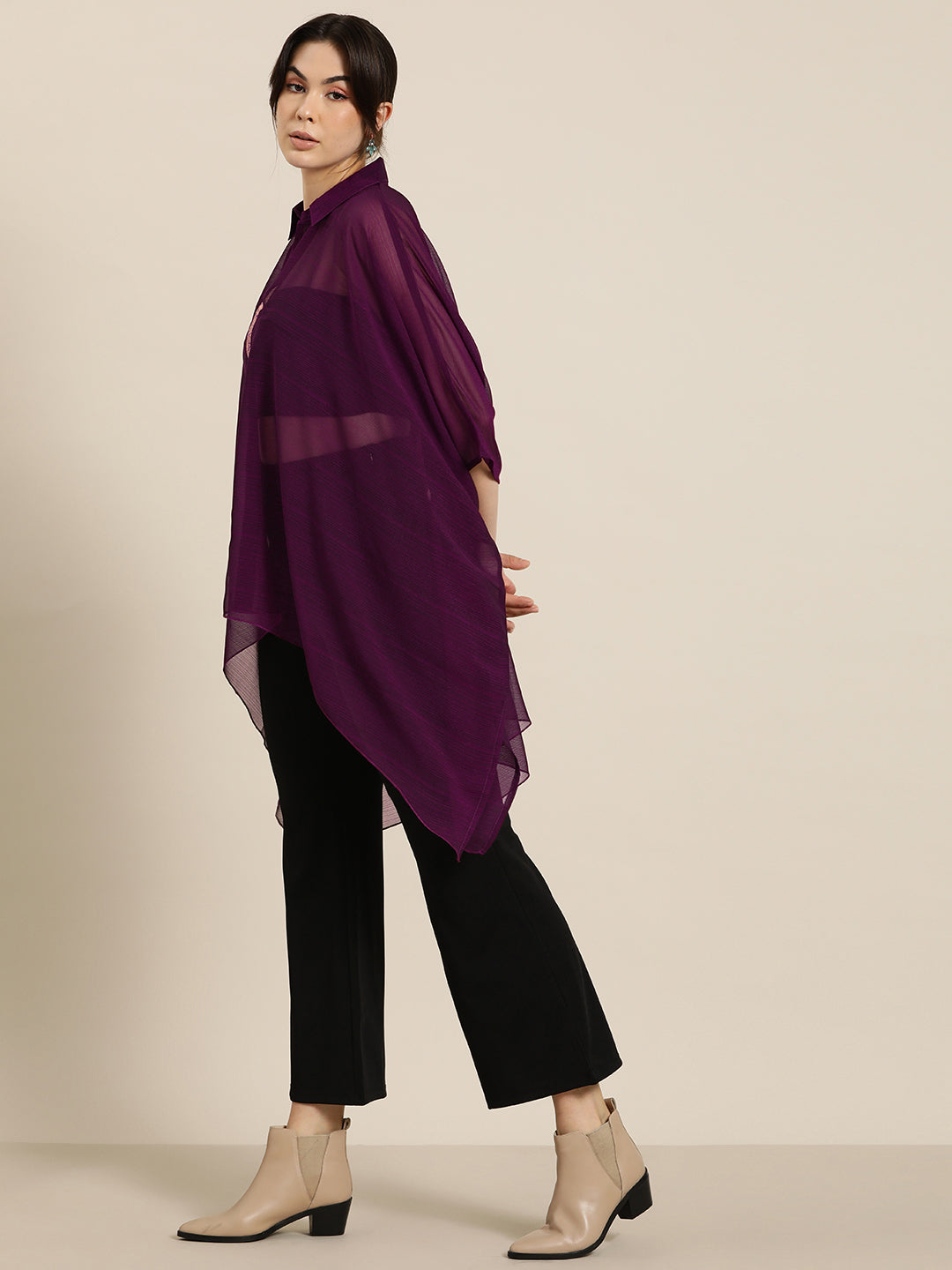 Purple georgette kaftan shirt with brocade