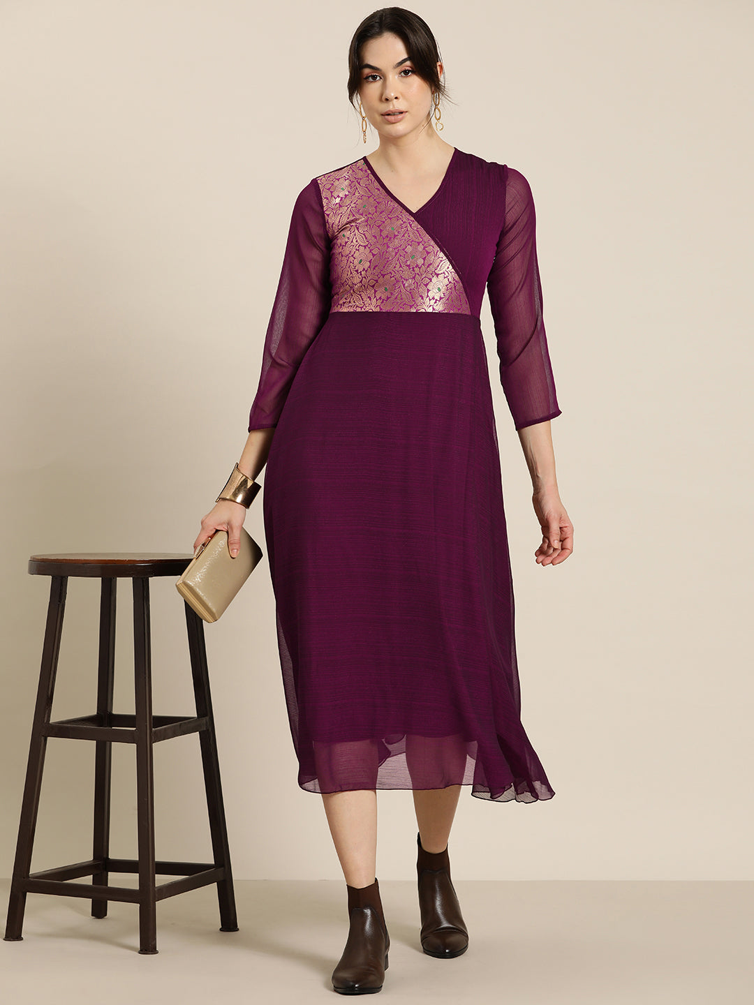 Purple party dress with brocade yoke