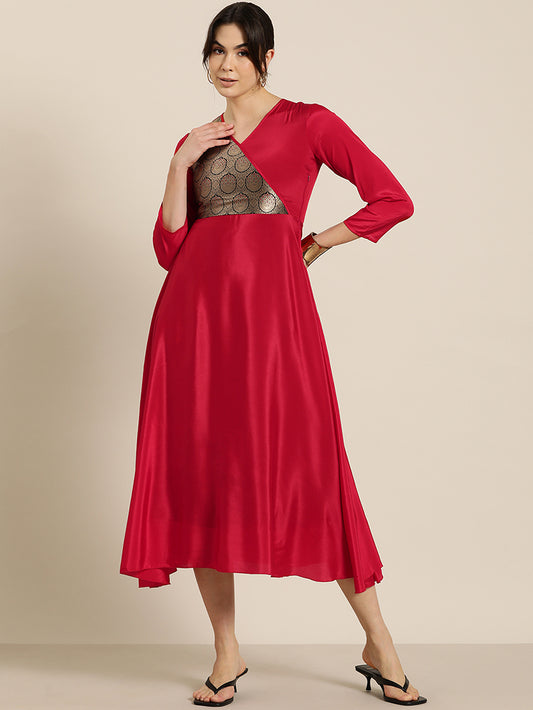 Red crepe silk brocade yoke dress