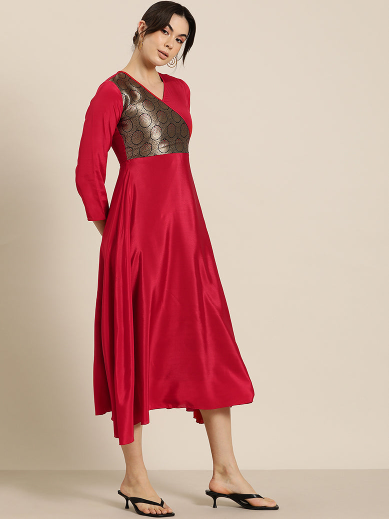 Red crepe silk brocade yoke dress