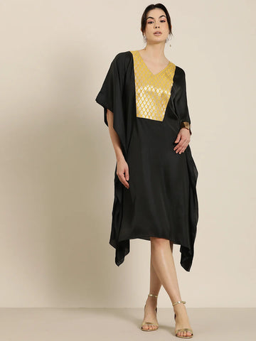 Black silk v-neck kaftan with Brocade yoke