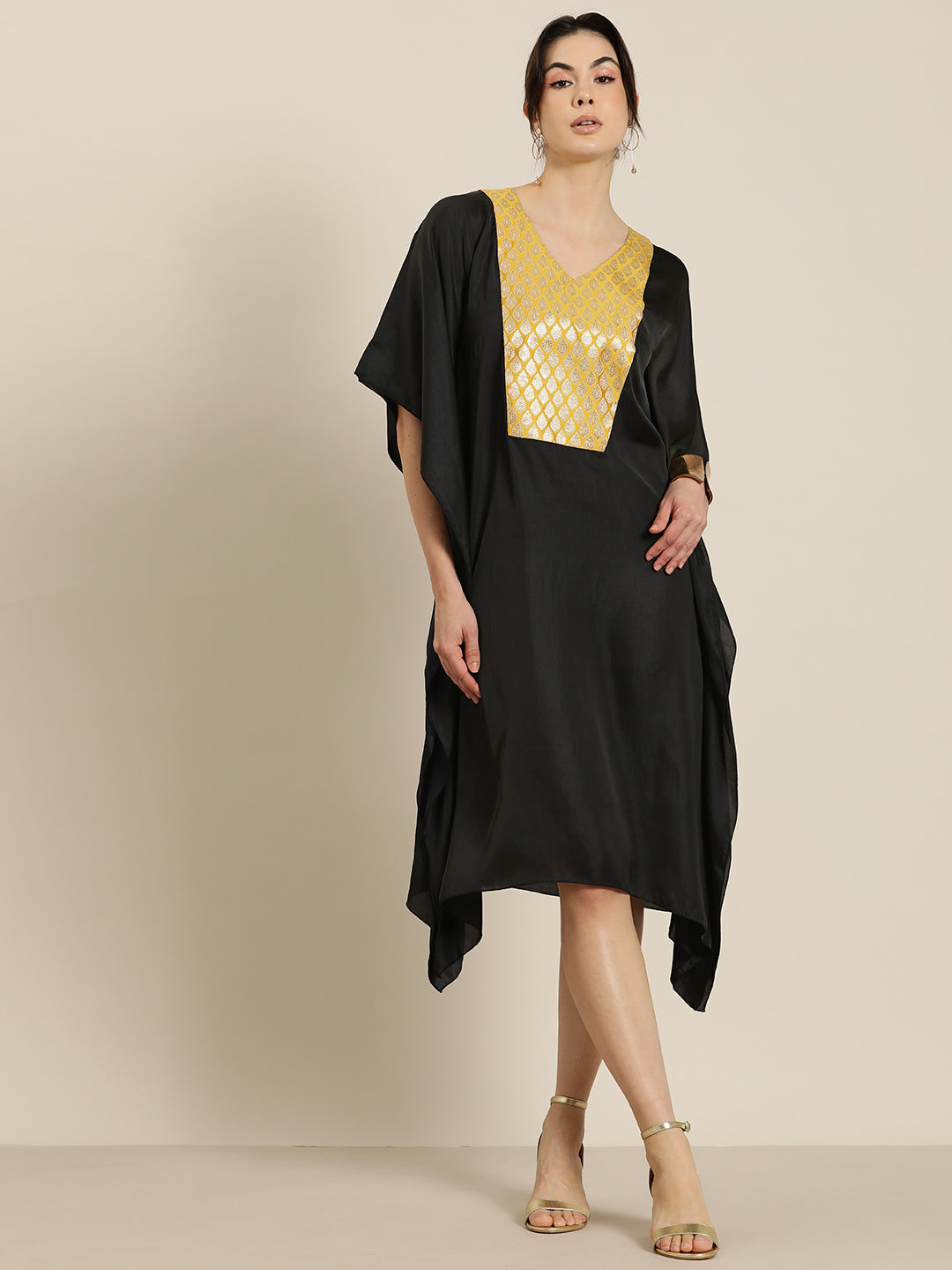 Black silk v-neck kaftan with Brocade yoke