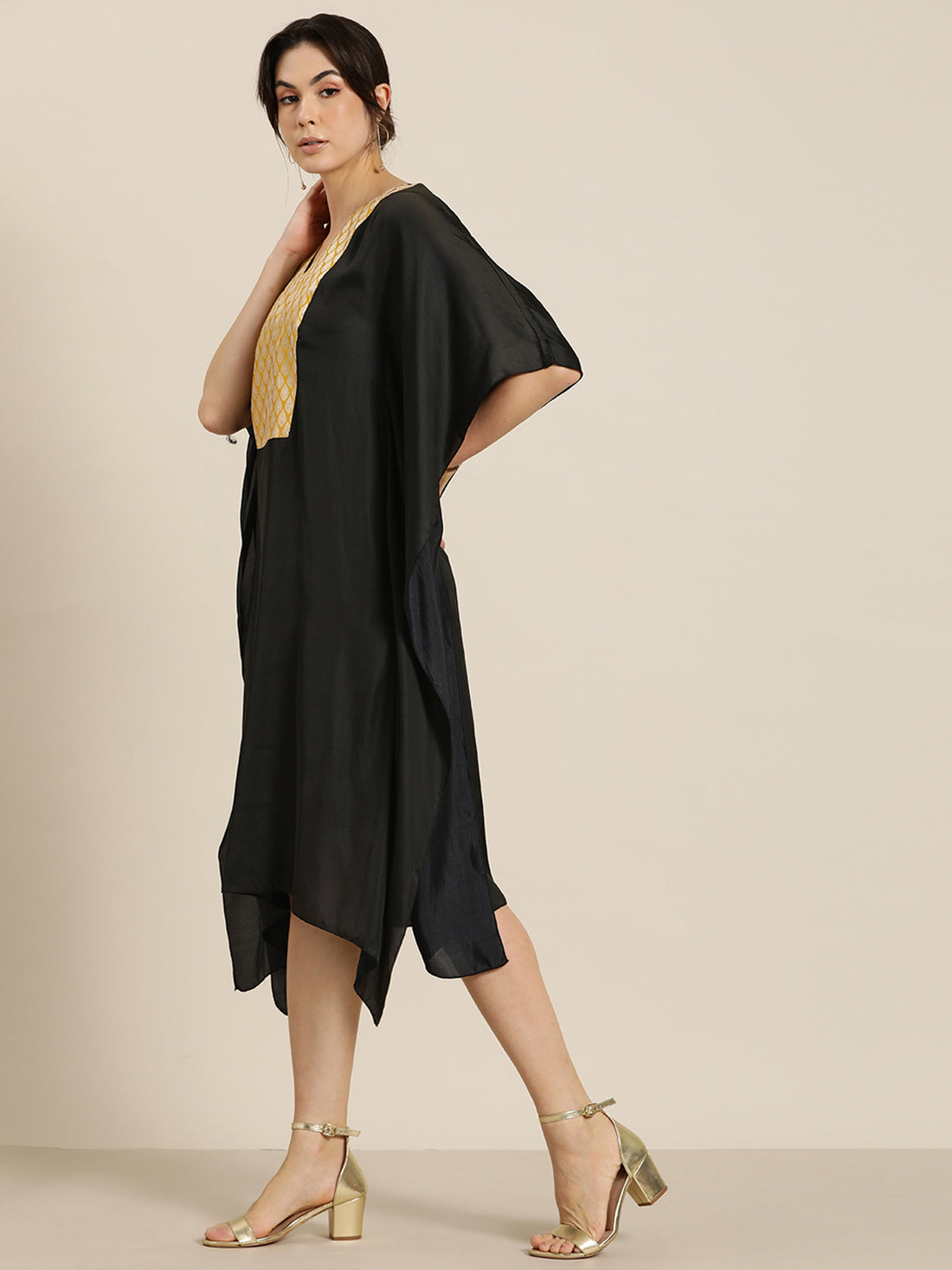 Black silk v-neck kaftan with Brocade yoke