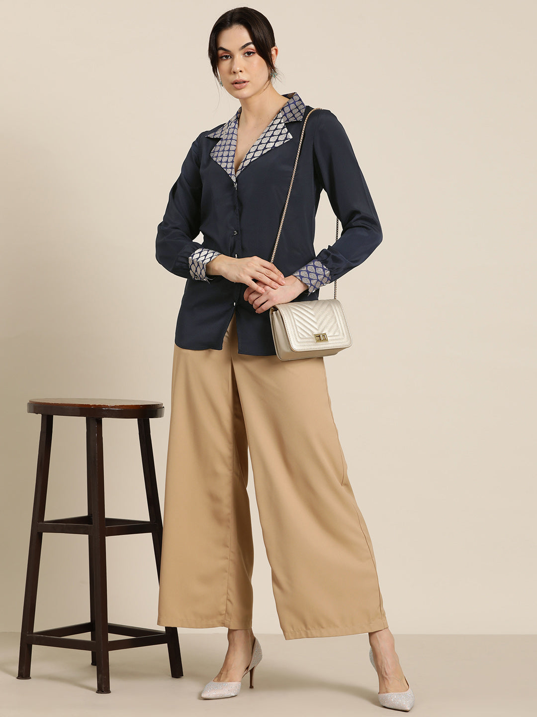 Navy french crepe Brocadr notch collar shirt
