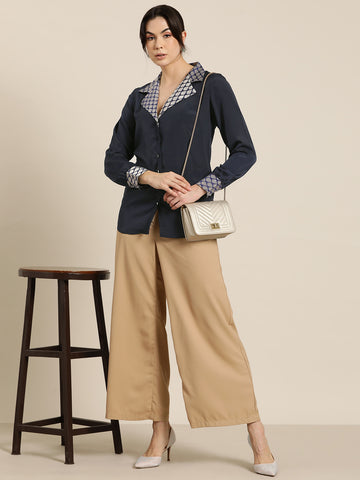 Navy french crepe Brocadr notch collar shirt