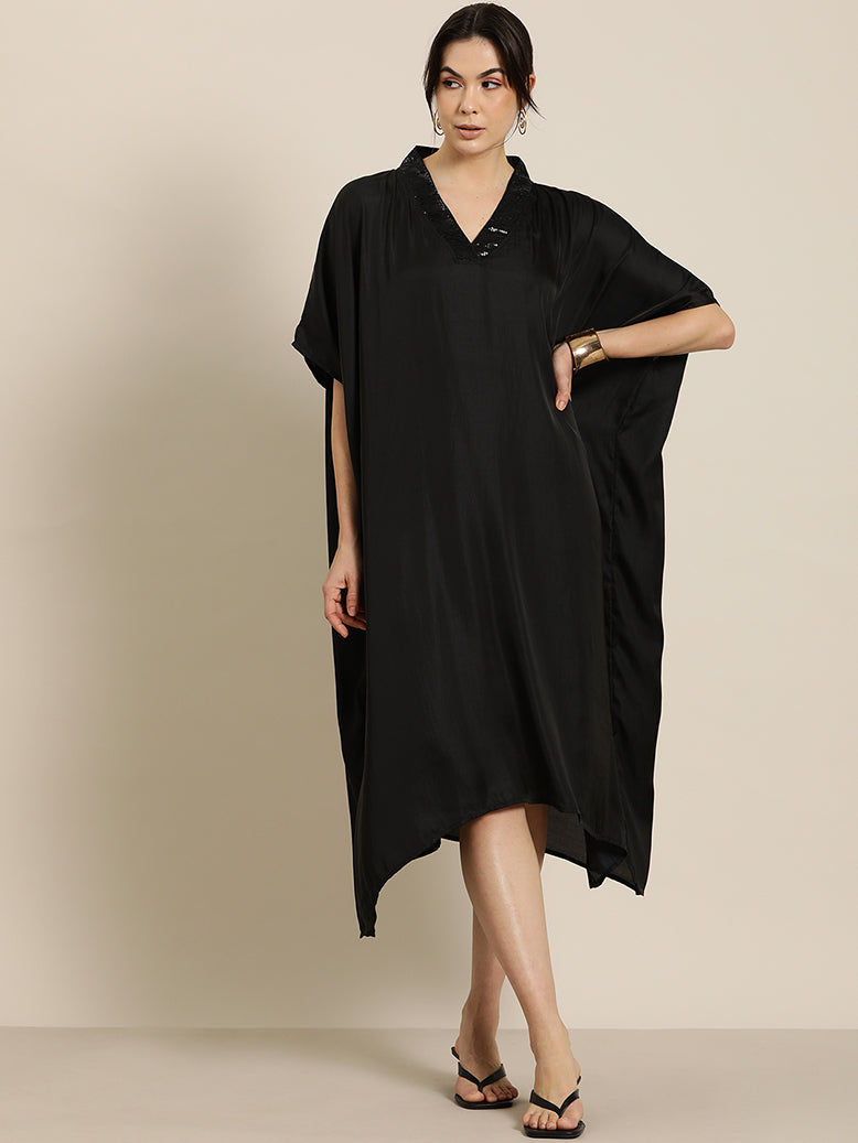 Black crepe silk Kimono dress with sequins