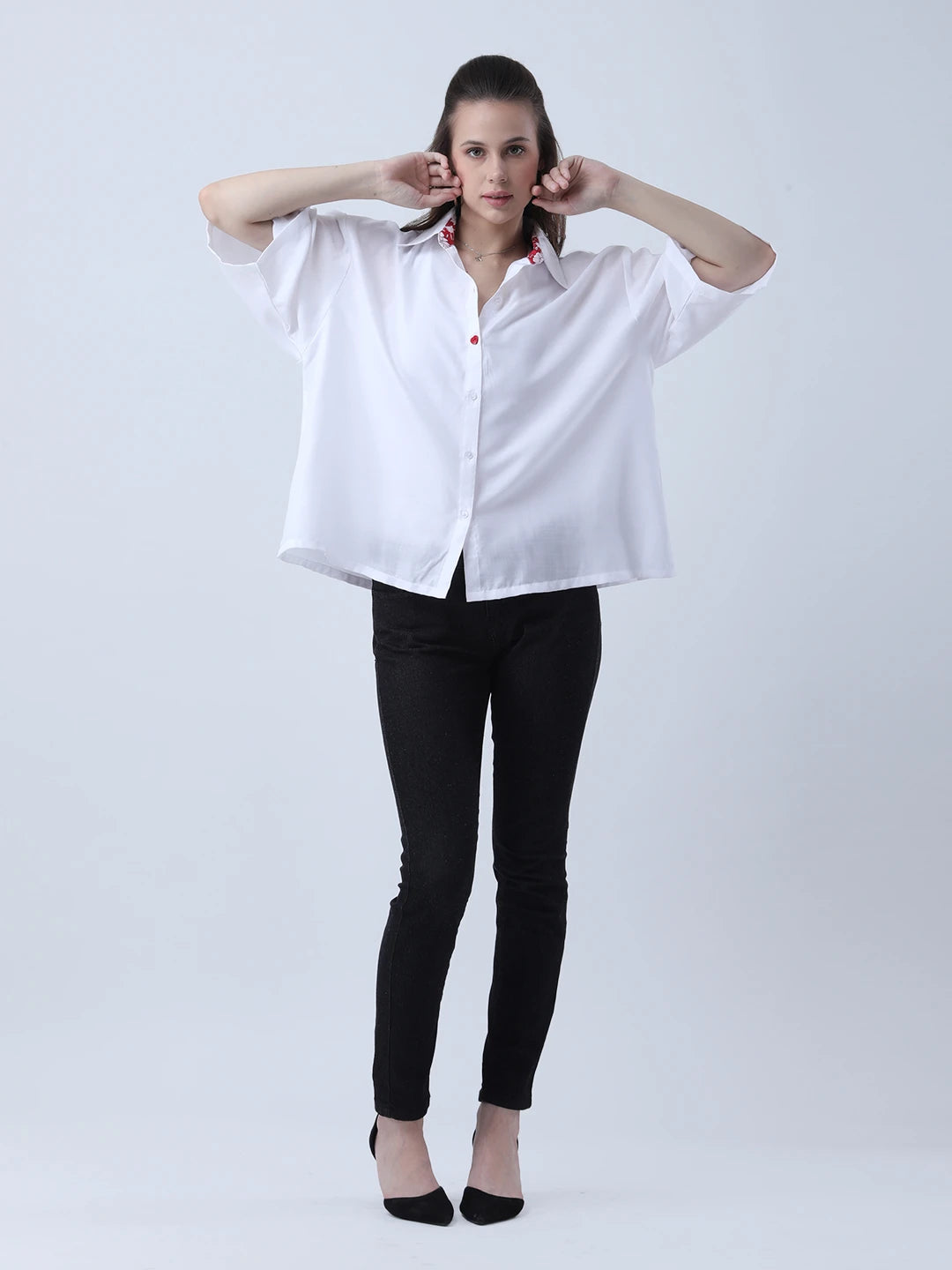 White oversized shirt with block print embelishments