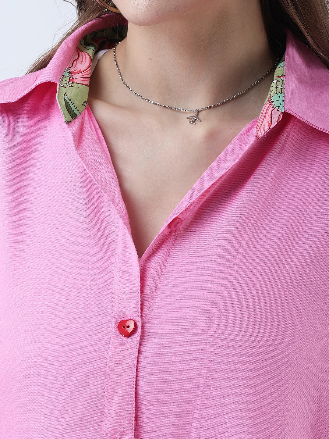 Pink rayon oversized shirt with block print embelishments