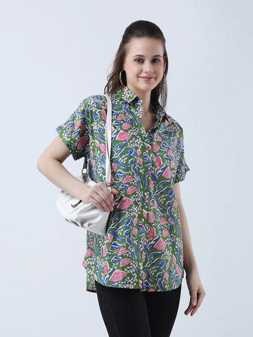 Cotton block print drop shoulder shirt