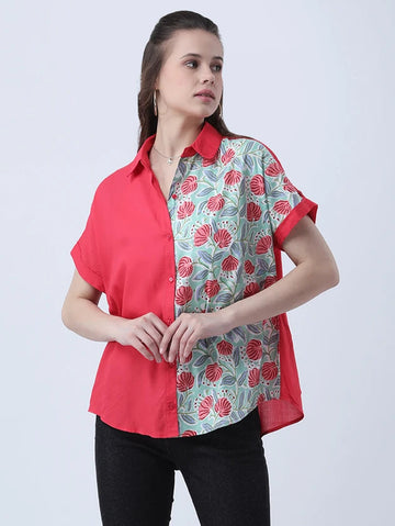 Color-block printed rayon drop shoulder shirt