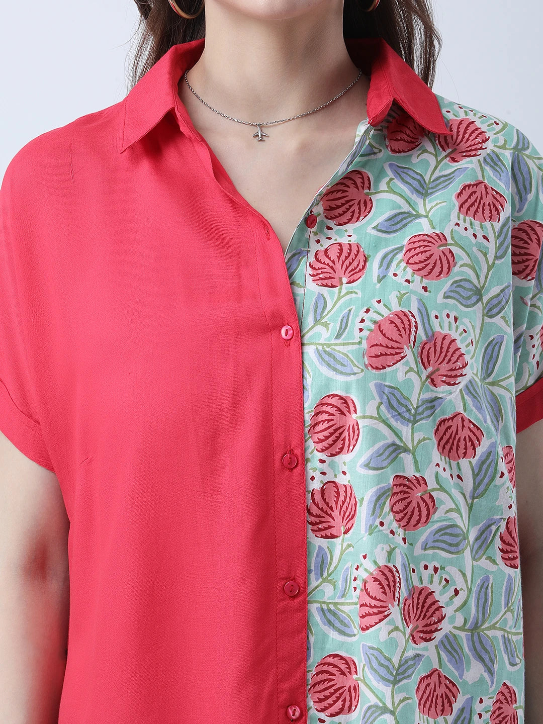 Color-block printed rayon drop shoulder shirt