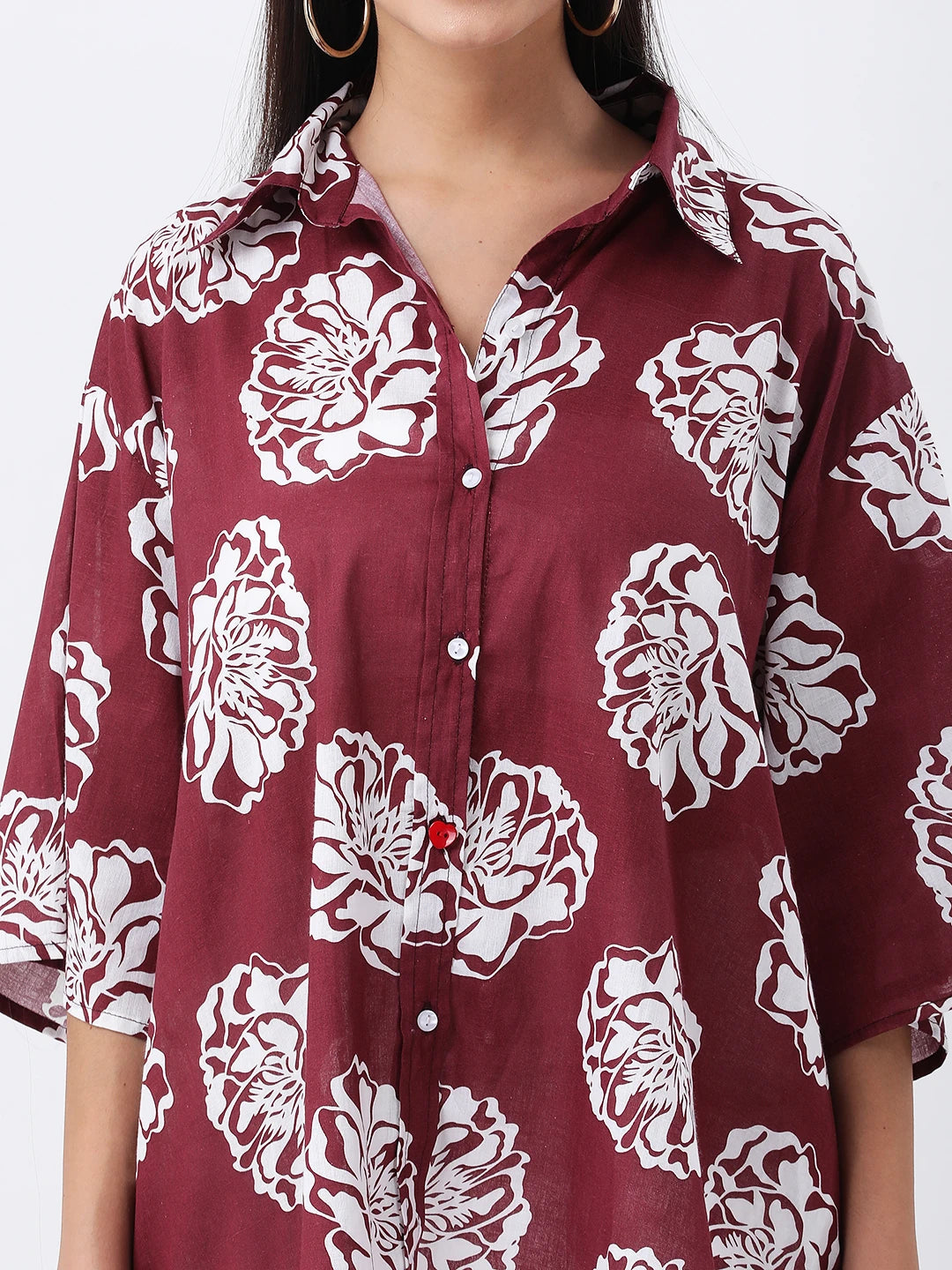 Maroon floral print oversized shirt
