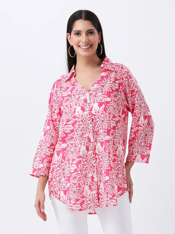 Printed cotton classic collar shirt featuring V-neck